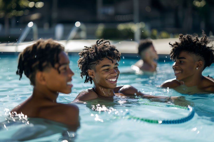 Jeunes riant ensemble dans la piscine à Saly